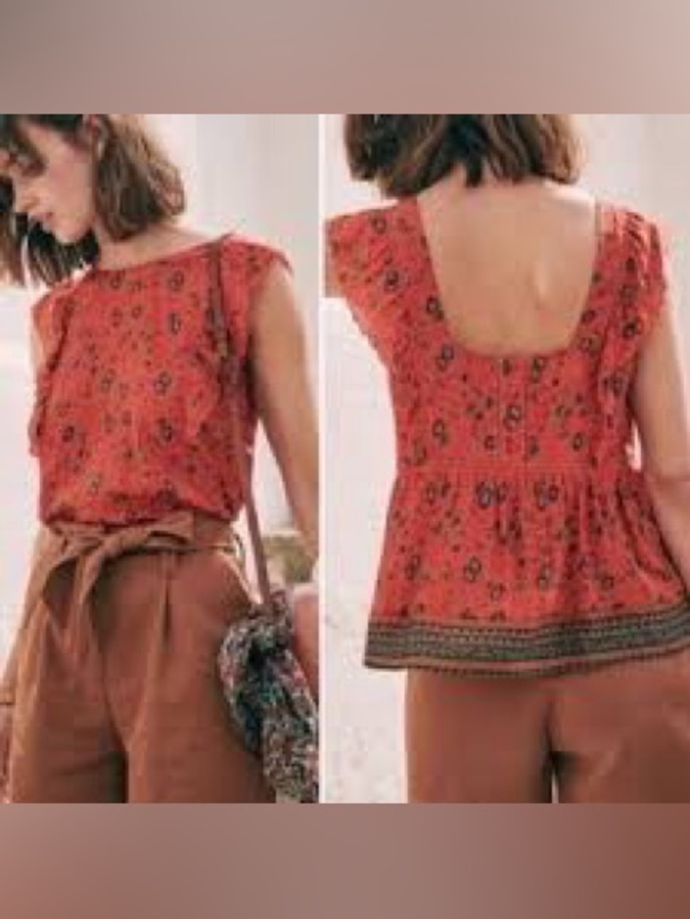 NWT SEZANE Blouse Red Floral Scoop-Back Peplum Top size 2